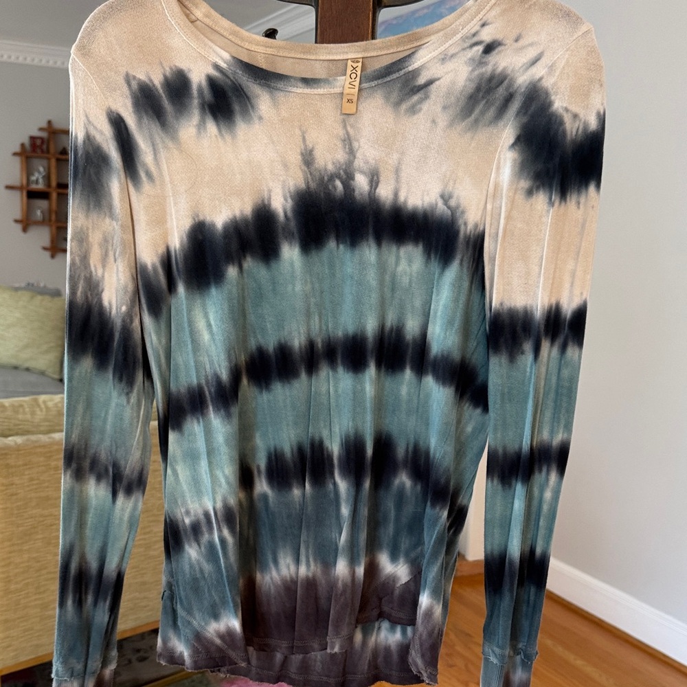 Beige and Blue Tie-Dye Long Sleeve Top